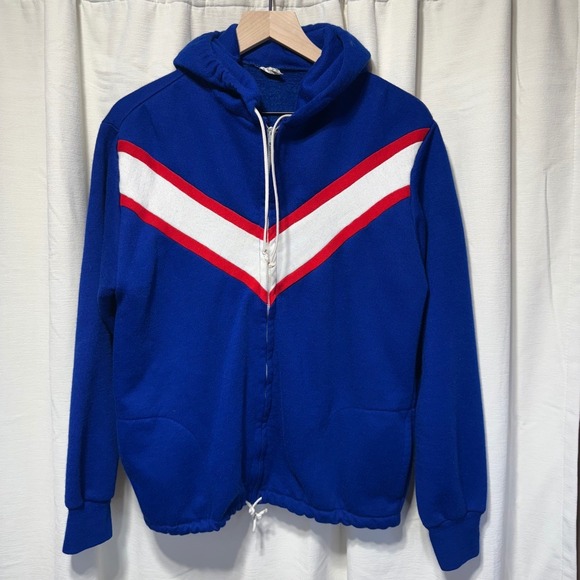 The Unbranded Brand Other - Vintage Blue Acrylic Full Zip Hoodie Jacket Athletic Chevron Stripe Mens Medium